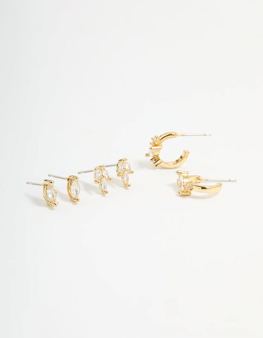 Gold Plated Brass Cubic Zirconia Vine Earrings 3-Pack