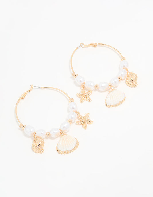 Gold Genuine Shell Pearl Starfish Hoop Earrings