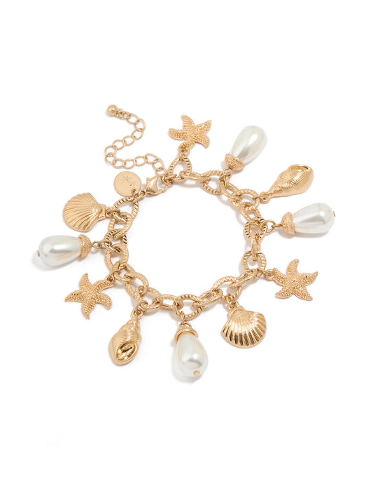 Worn Gold Starfish & Shell Pearl Bracelet