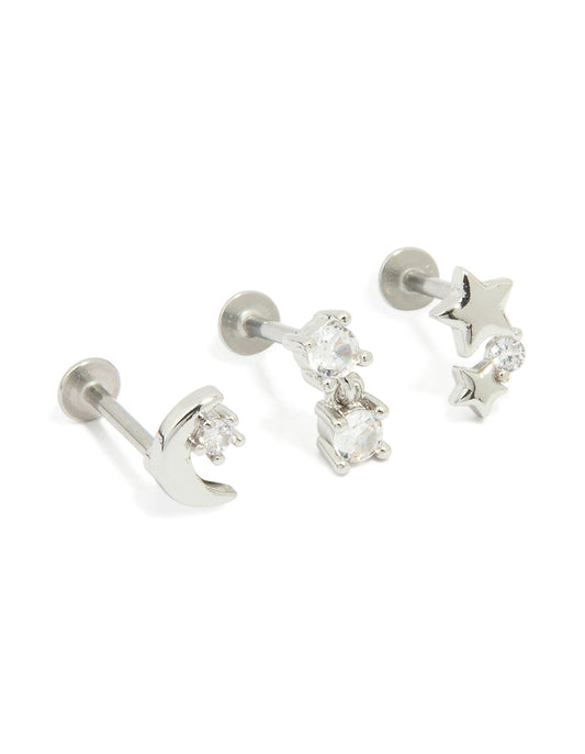 Surgical Steel Cubic Zirconia Mixed Threadless Flat Back Studs 3-Pack
