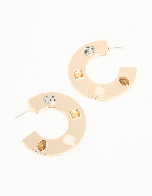 Gold Brown & Clear Stone Flat Hoop Earrings