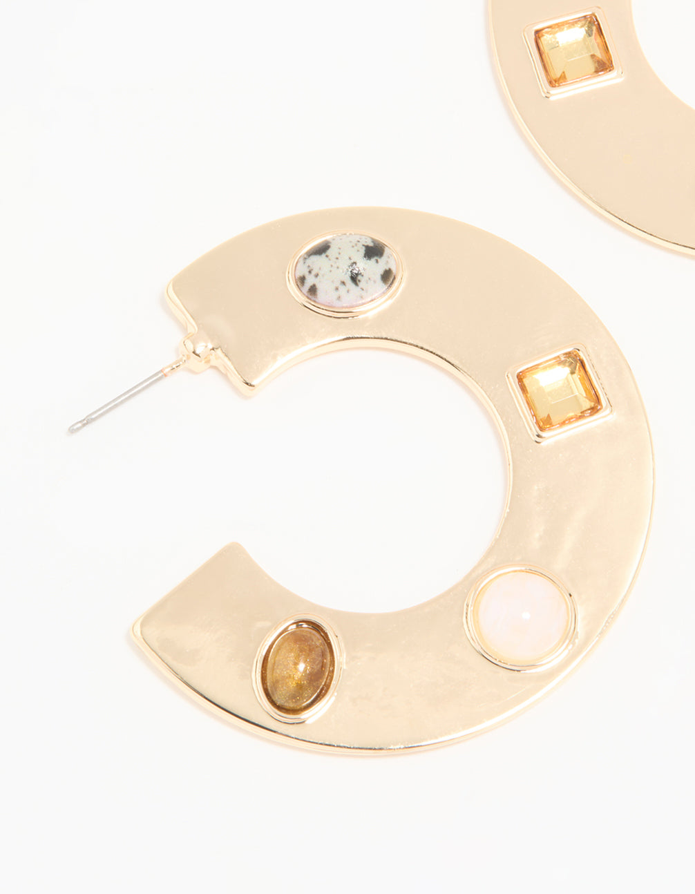 Gold Brown & Clear Stone Flat Hoop Earrings