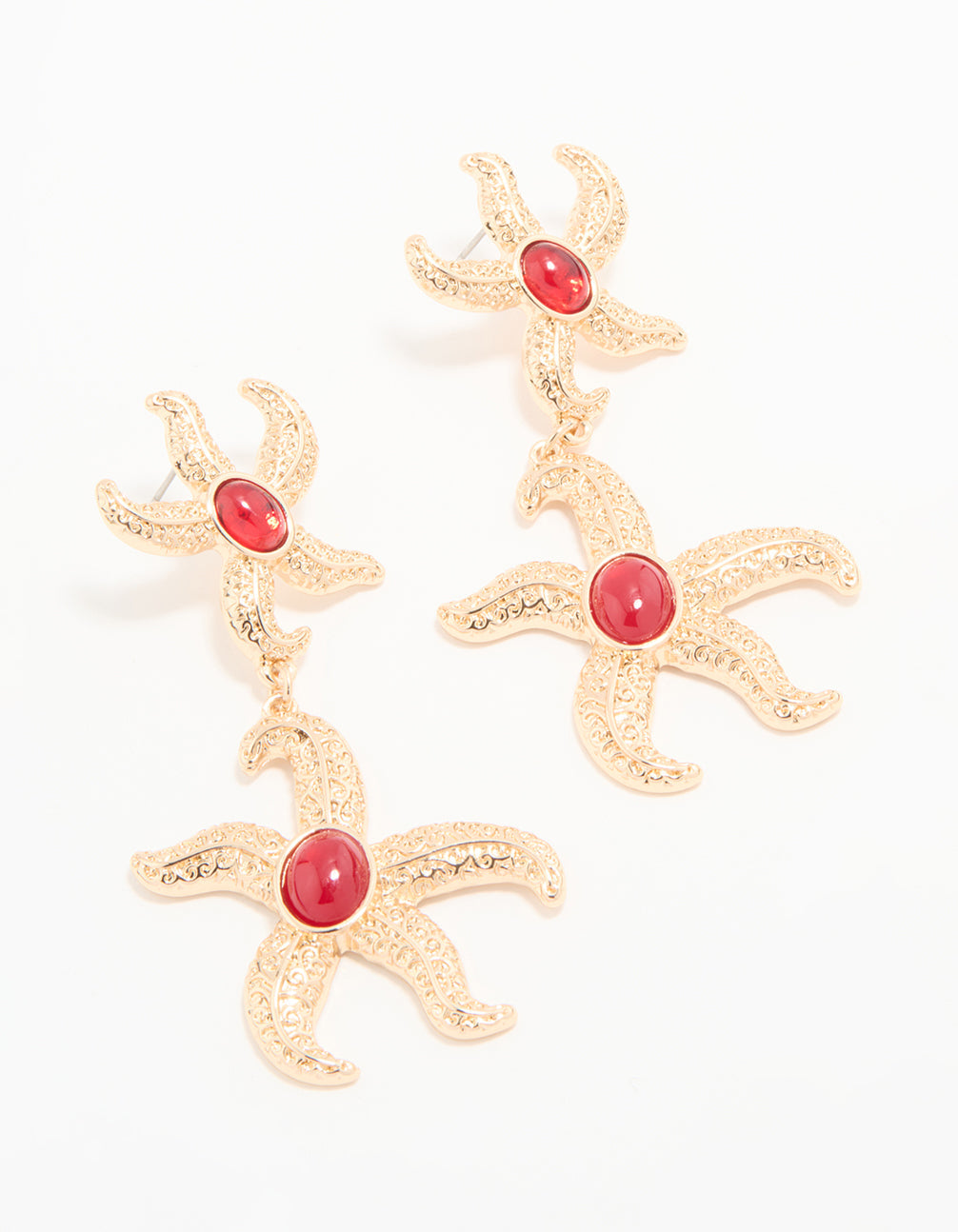 Gold Red Centre Double Starfish Drop Earrings
