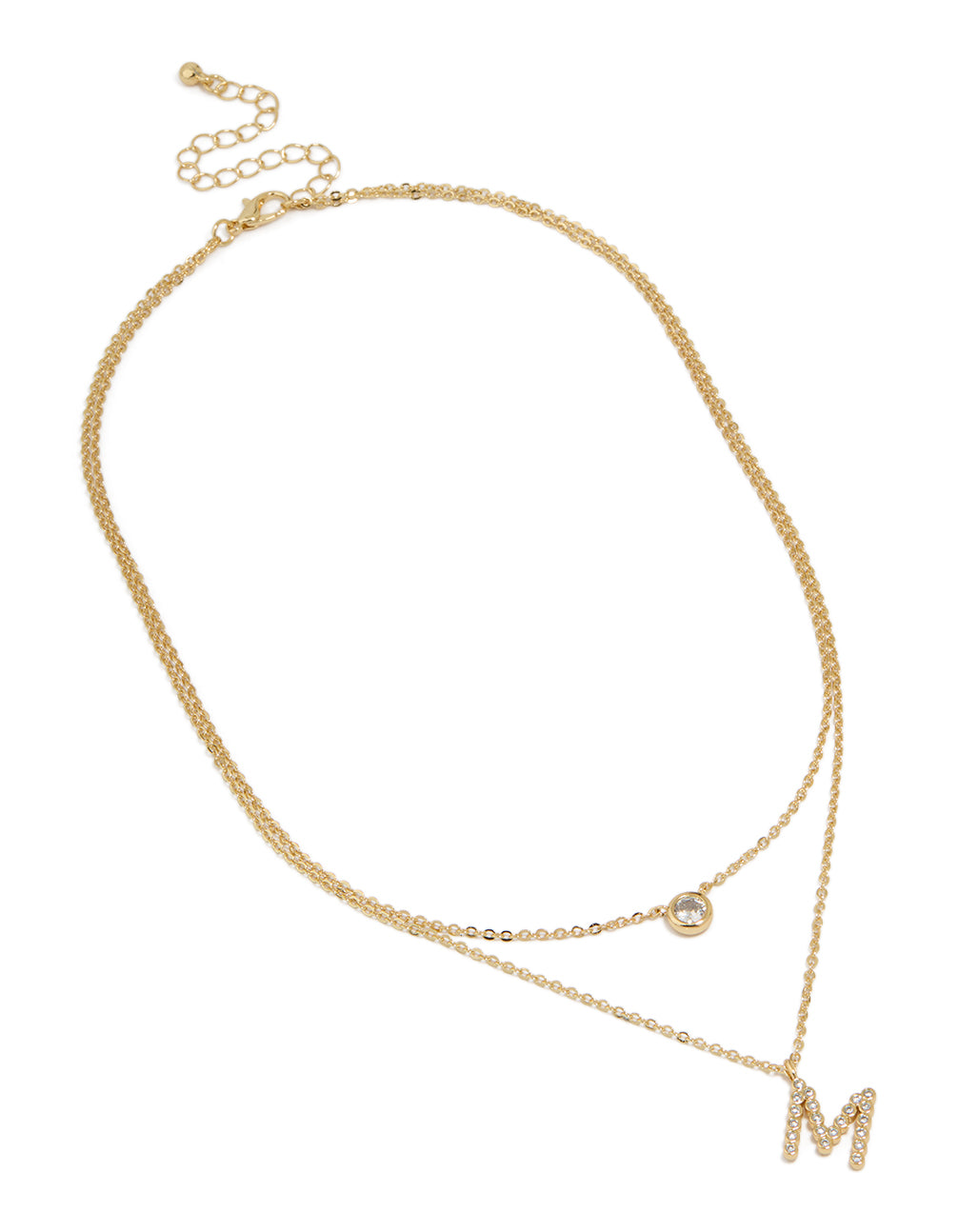 Gold Plated Cubic Zirconia Bezel Letter M Layered Necklace