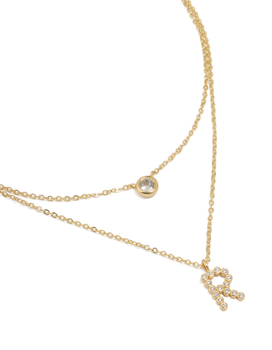 Gold Plated Cubic Zirconia Bezel Letter R Layered Necklace