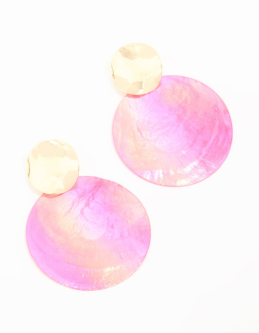 Gold Pink Genuine Shell Circle Drop Earrings