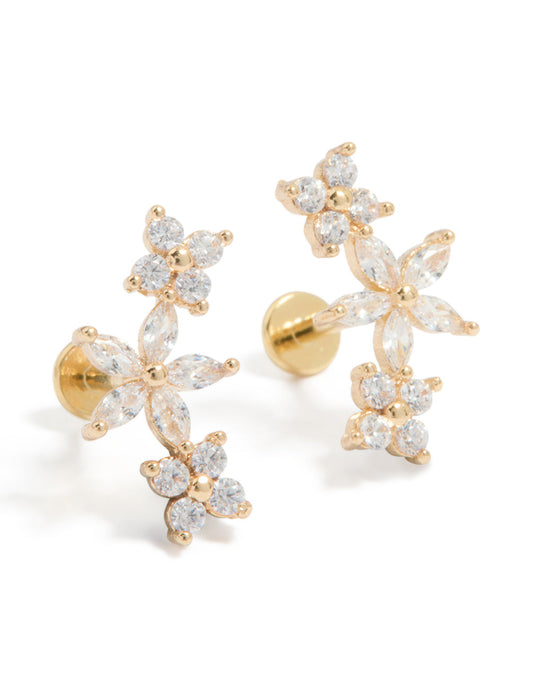 Gold Plated Surgical Steel Cubic Zirconia Flower Claw Flat Back Studs 2-Pack