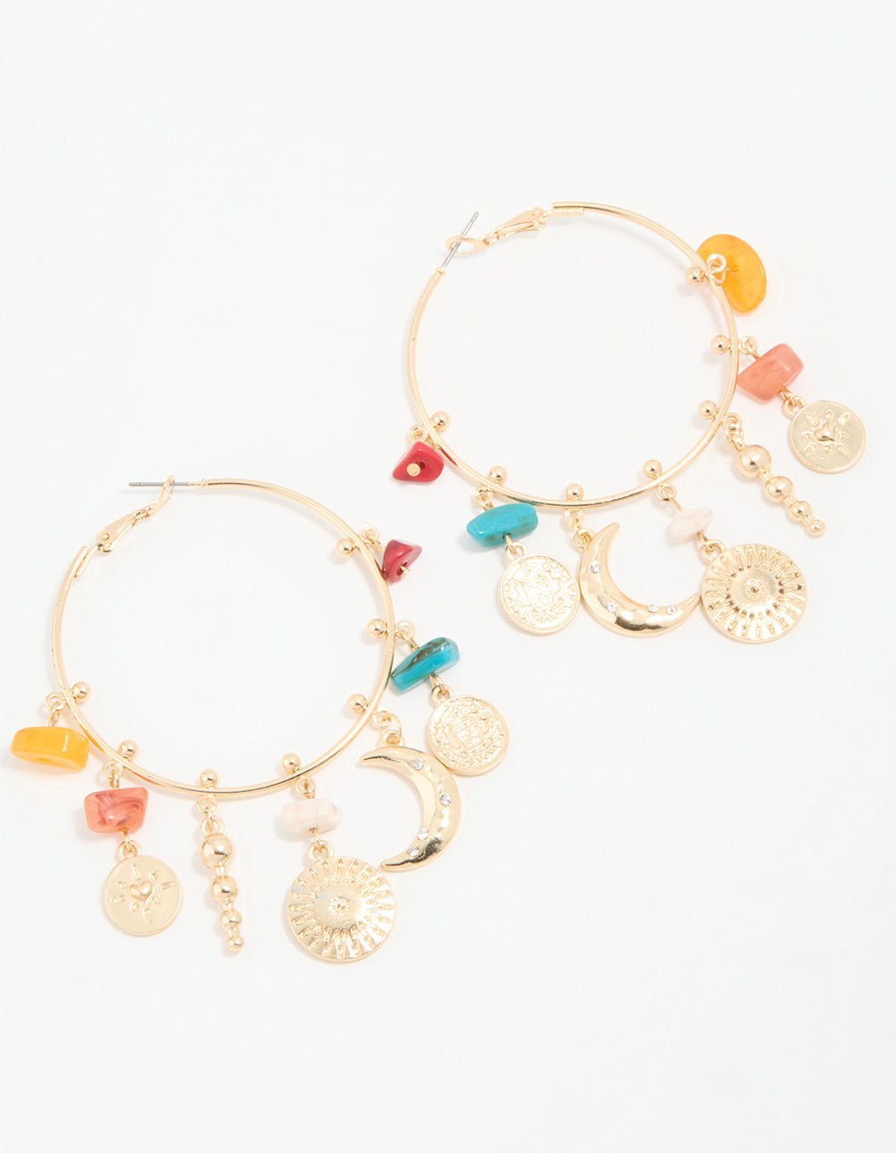 Antique Gold Multicoloured Stone & Celestial Charm Hoop Earrings