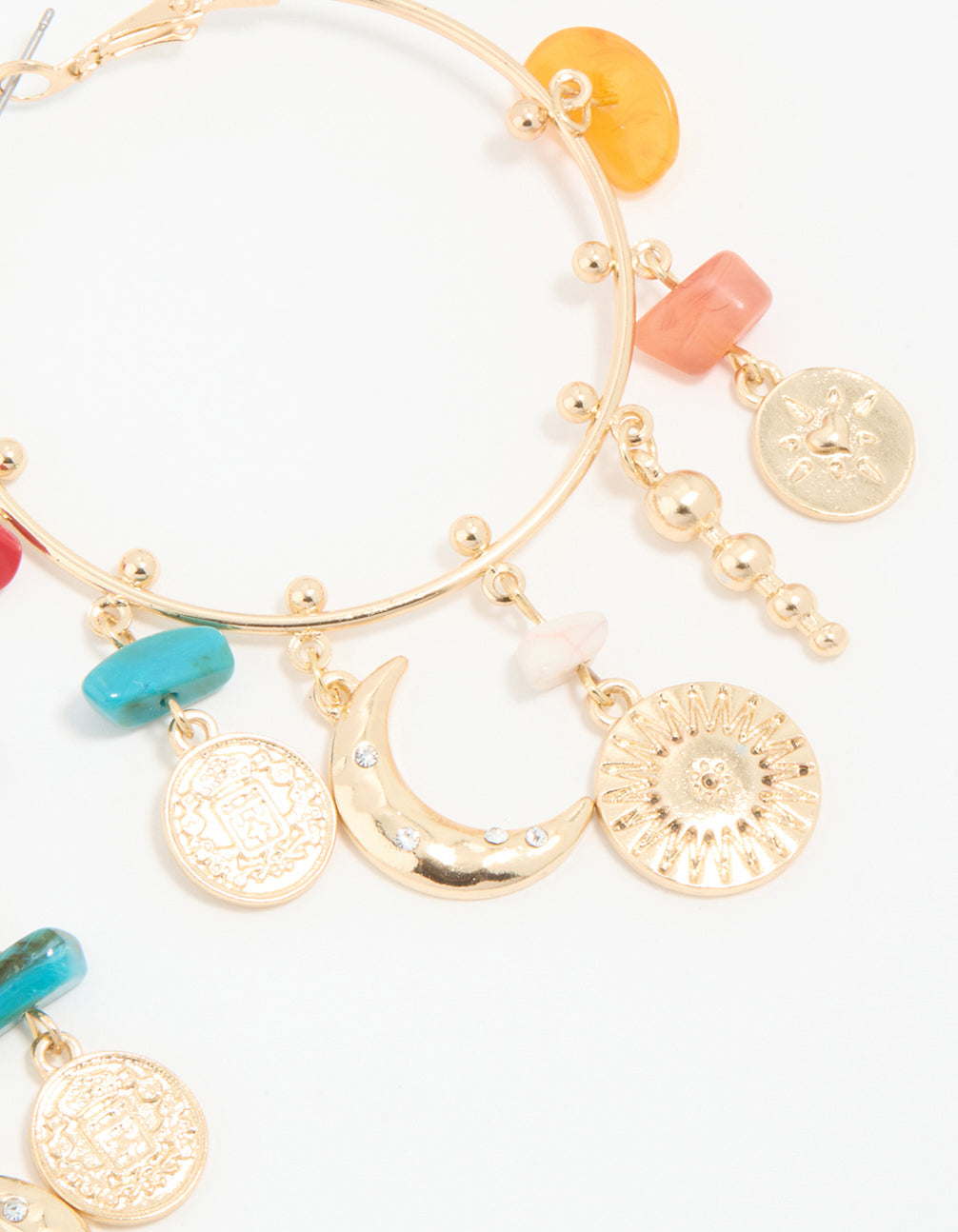 Antique Gold Multicoloured Stone & Celestial Charm Hoop Earrings
