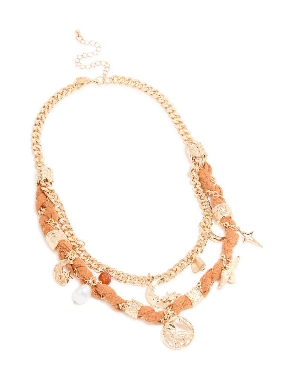 Gold Orange Woven Fabric Charm Layered Necklace