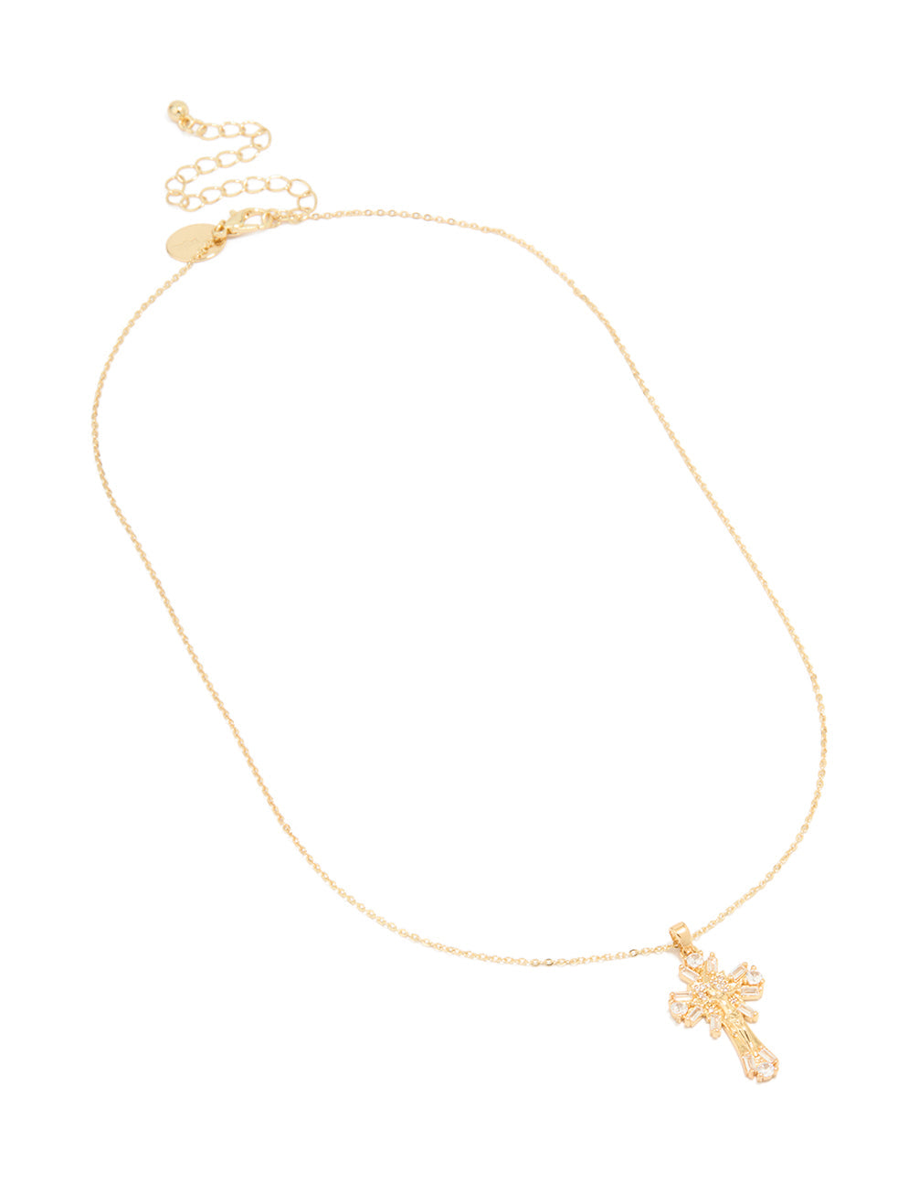 Gold Plated Cubic Zirconia Baguette Cross Pendant Necklace