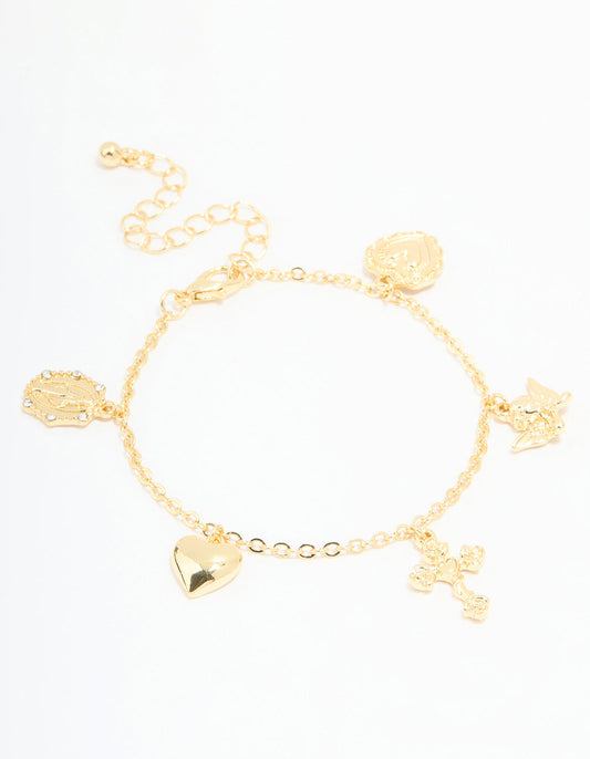 Gold Plated Cross & Heart Charm Bracelet