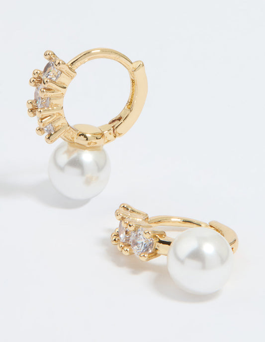Gold Plated Cubic Zirconia Pearl Drop Huggie Earrings
