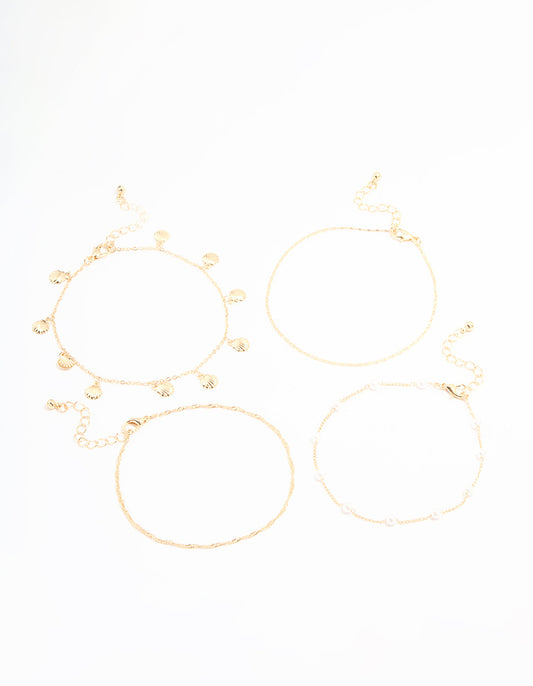 Gold Pearl & Shell Anklets 4-Pack