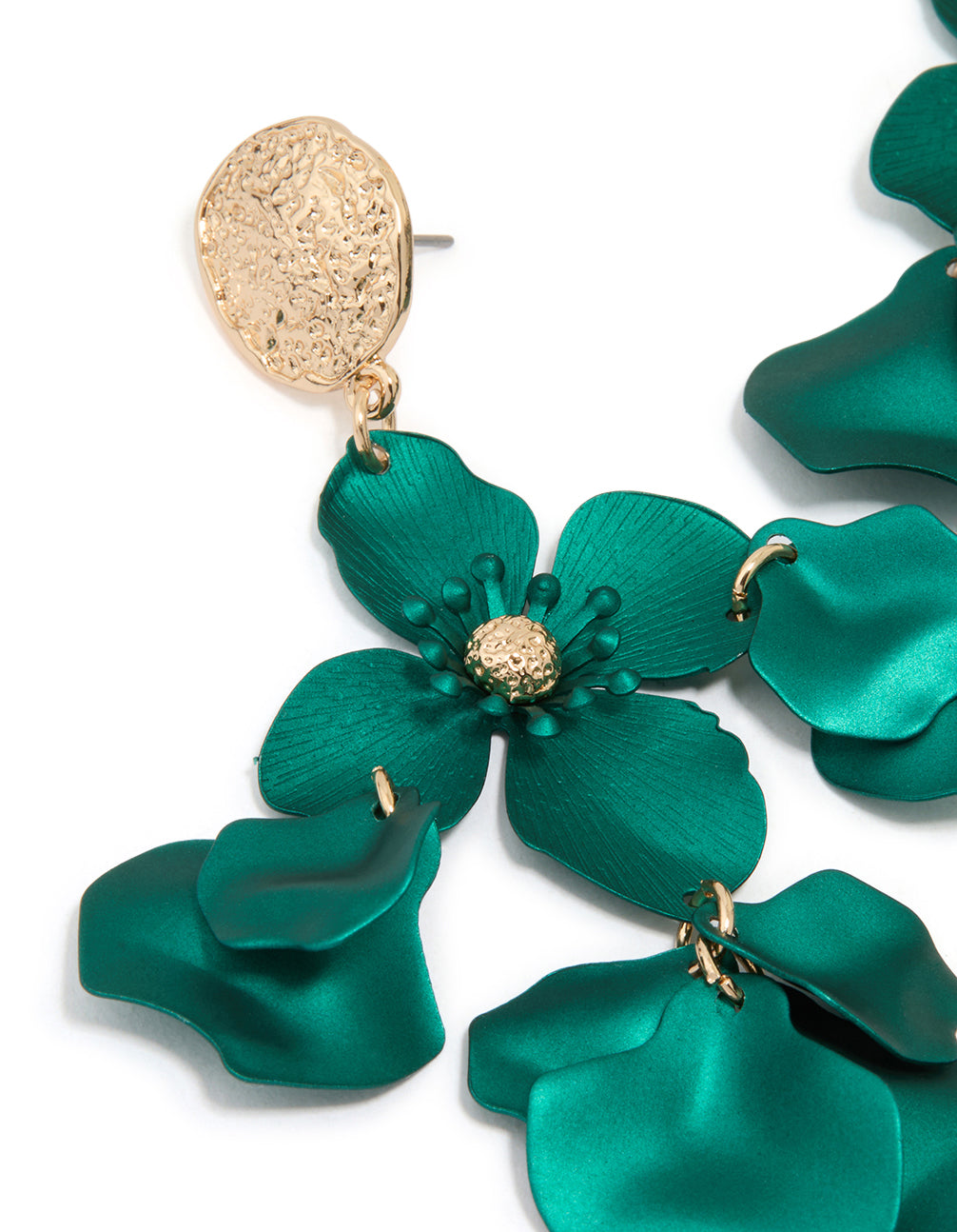 Gold Green Flower Molten Stud Earrings