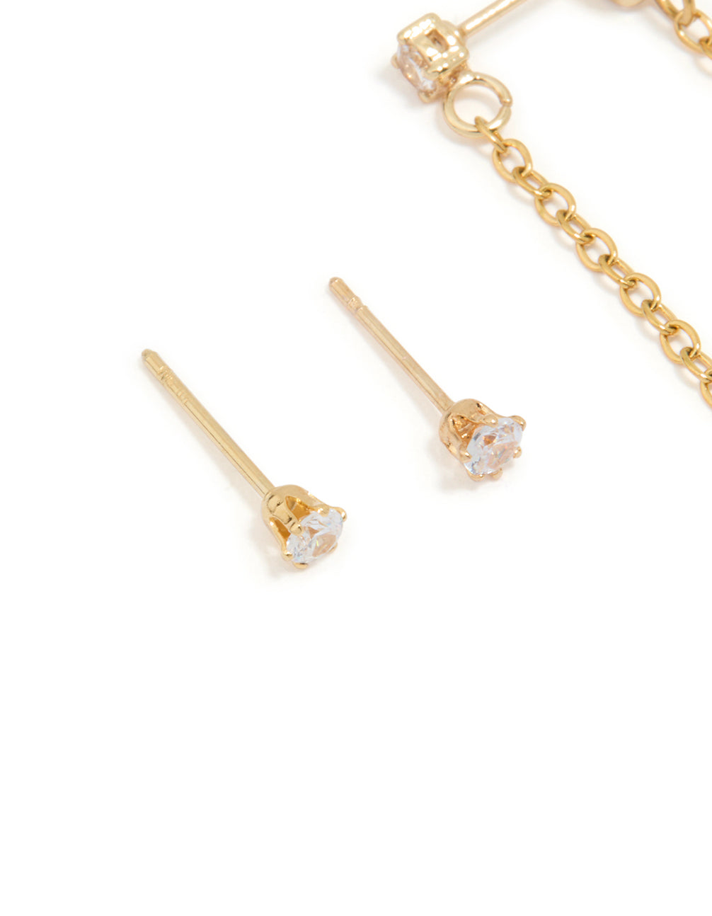 Waterproof Gold Plated Stainless Steel Cubic Zirconia Studs & Dainty Chain Earrings 2-Pack