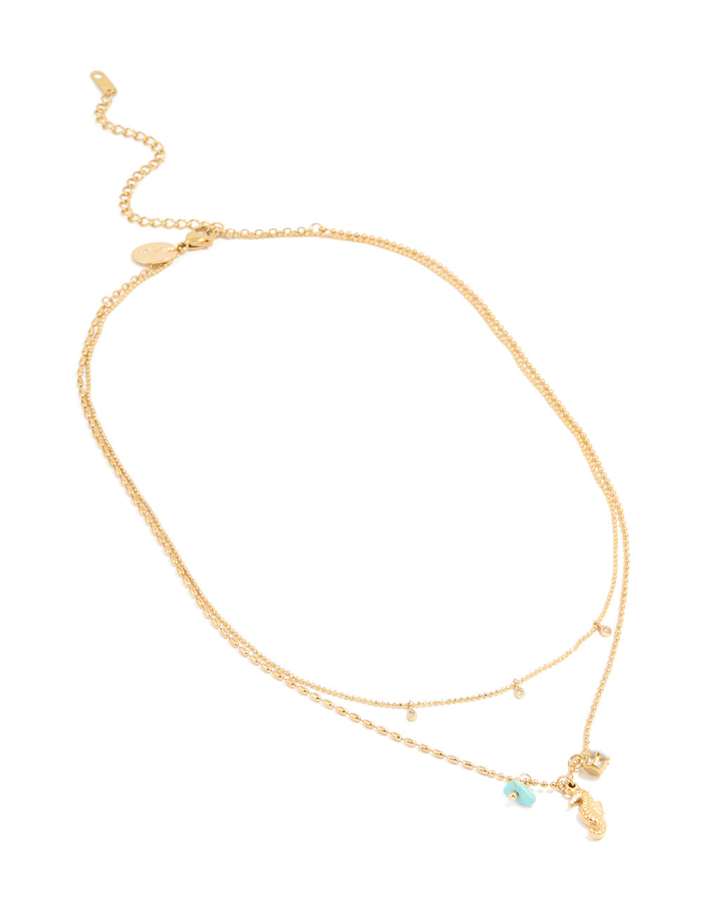 Waterproof Gold Plated Stainless Steel Cubic Zirconia & Seahorse Layered Necklace