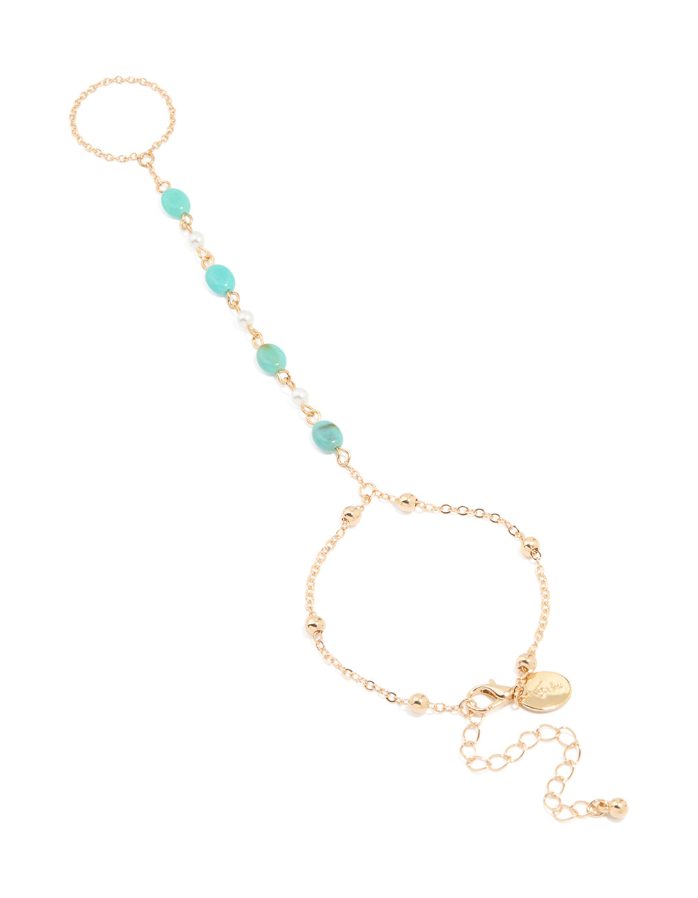 Gold Blue Bead & Pearl Hand Chain