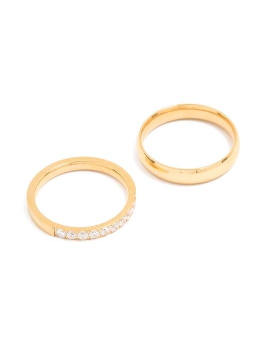 Waterproof Gold Plated Stainless Steel Diamante & Smooth Rings 2- Pack