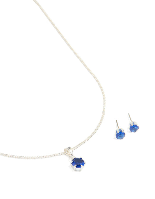 Silver Plated Blue Cubic Zirconia Necklace & Earrings Set