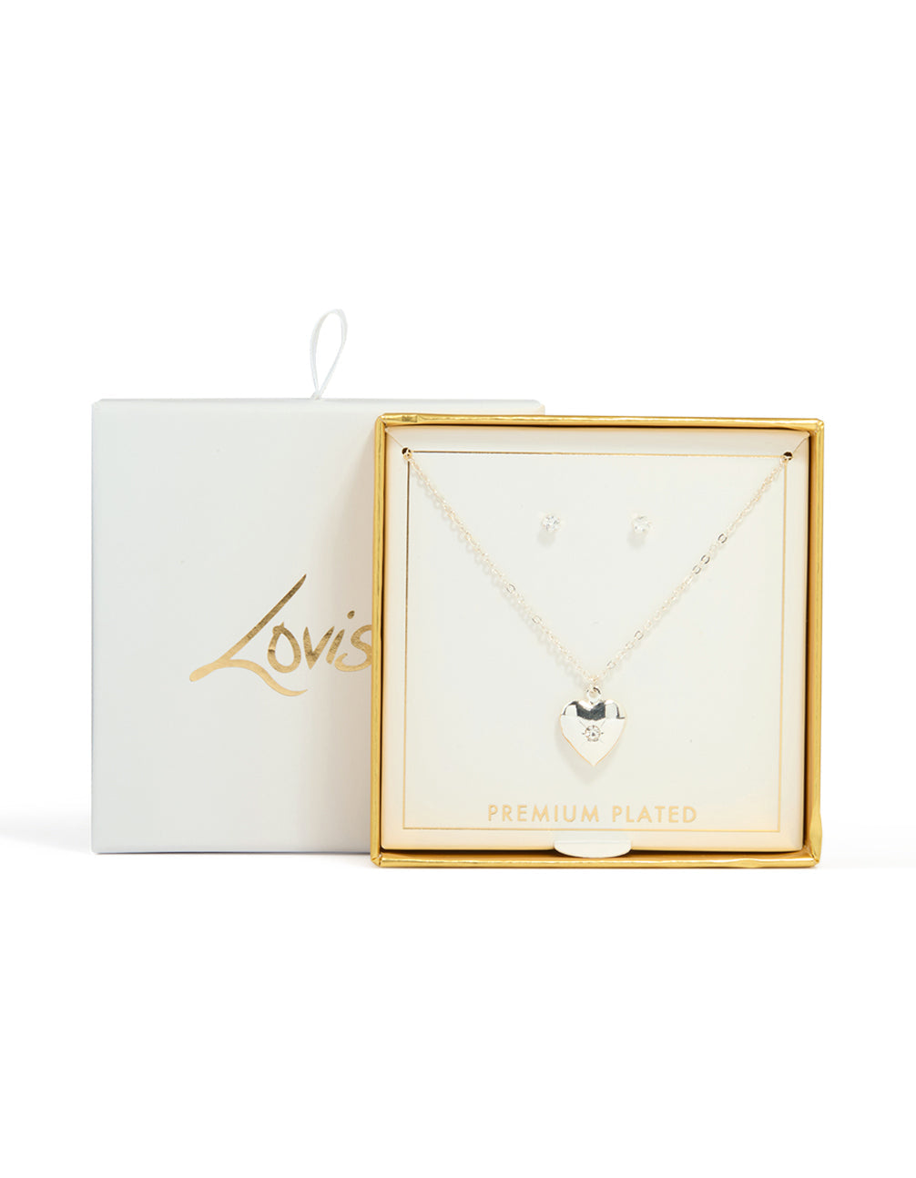 Silver Plated Cubic Zirconia Centre Heart Pendant Necklace & Earrings Set