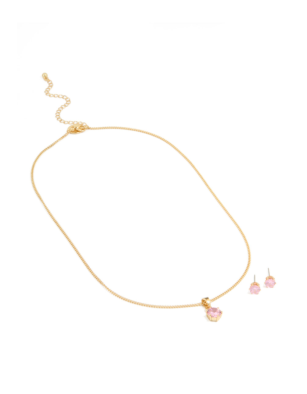Gold Plated Pink Cubic Zirconia Pendant Necklace & Earrings Set