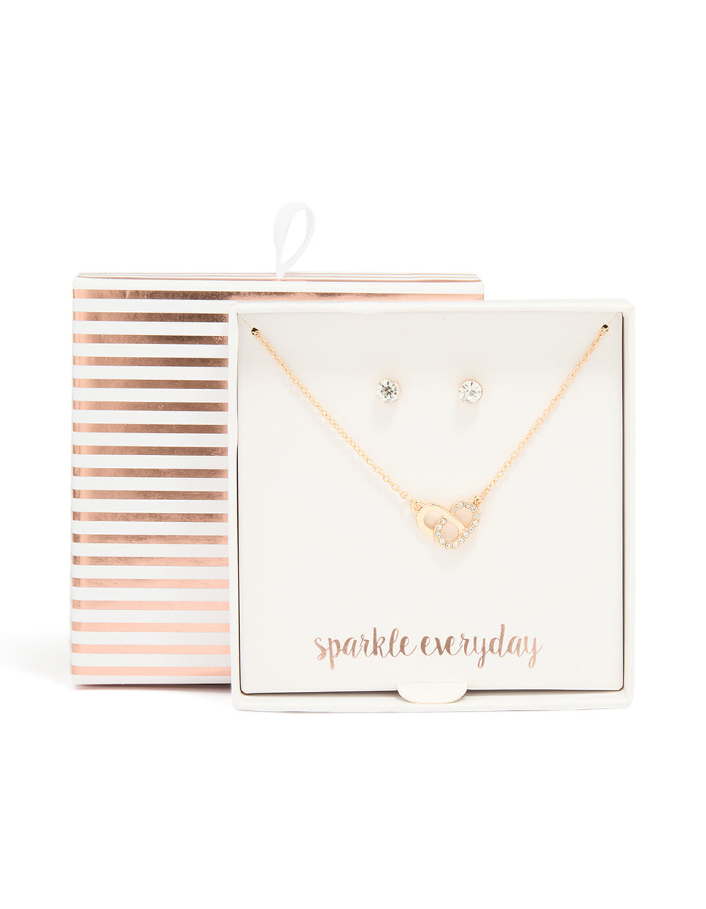 Gold Overlapping Heart Necklace & Diamante Earrings Set