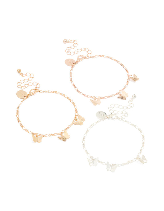 Mixed Metal Butterfly Bracelets 3-Pack
