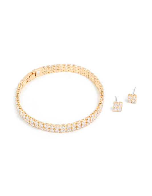 Gold Cubic Zirconia Tennis Bracelet & Earrings Set