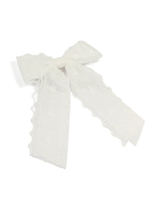 White Fabric Ribbon Lace Bow Layered Clip