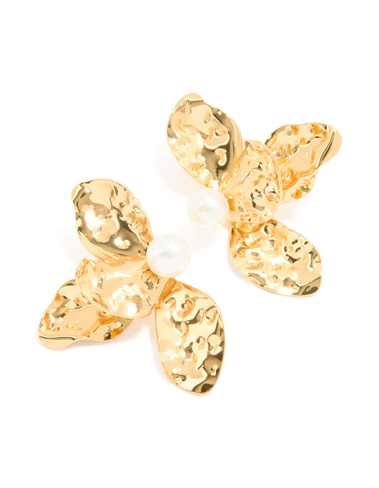 Waterproof Gold Plated Stainless Steel Large Flower Pearl Stud Earrings