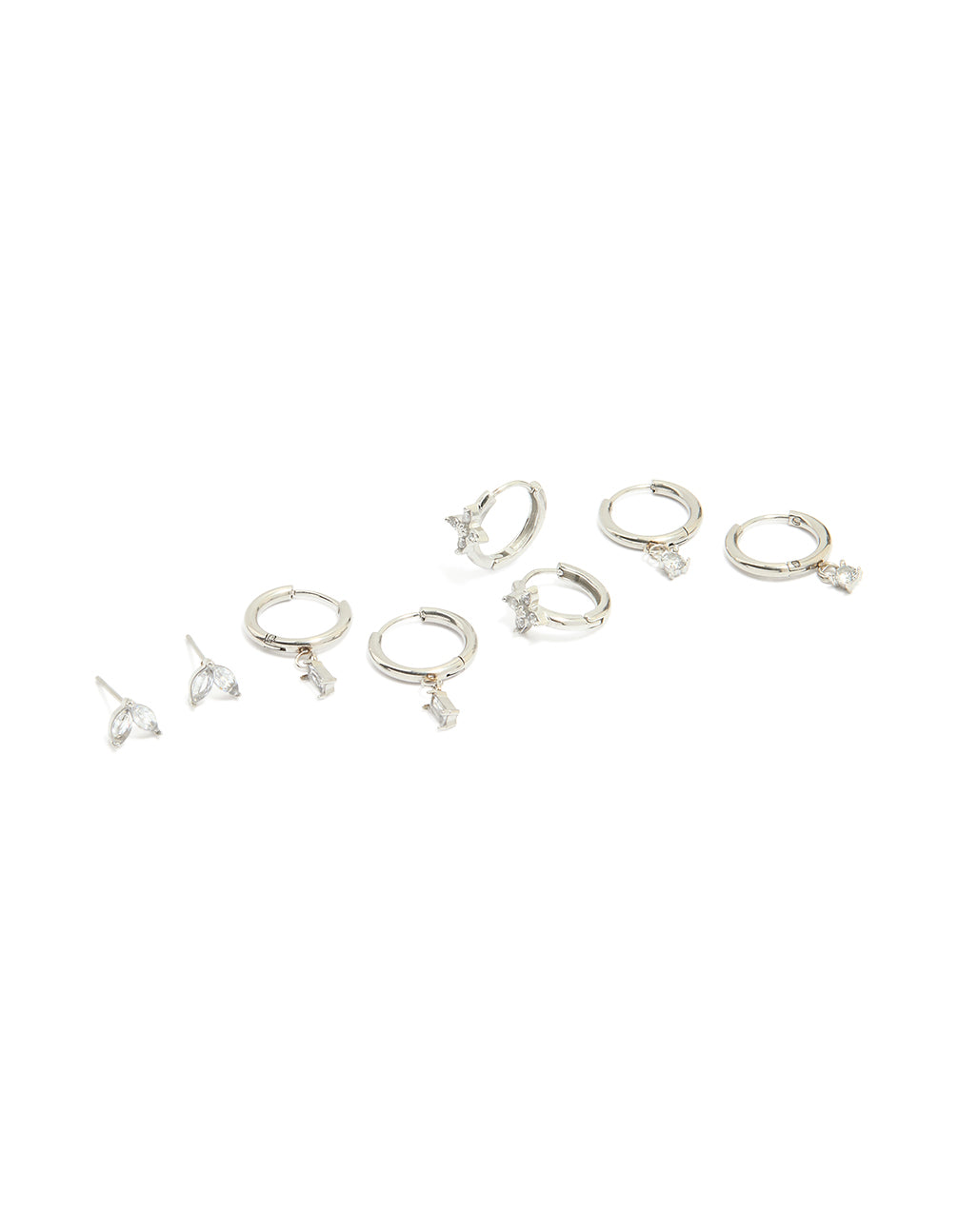 Waterproof Stainless Steel Cubic Zirconia & Baguette Flower Huggie Earrings 4-Pack