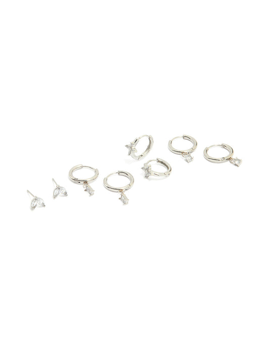 Waterproof Stainless Steel Cubic Zirconia & Baguette Flower Huggie Earrings 4-Pack