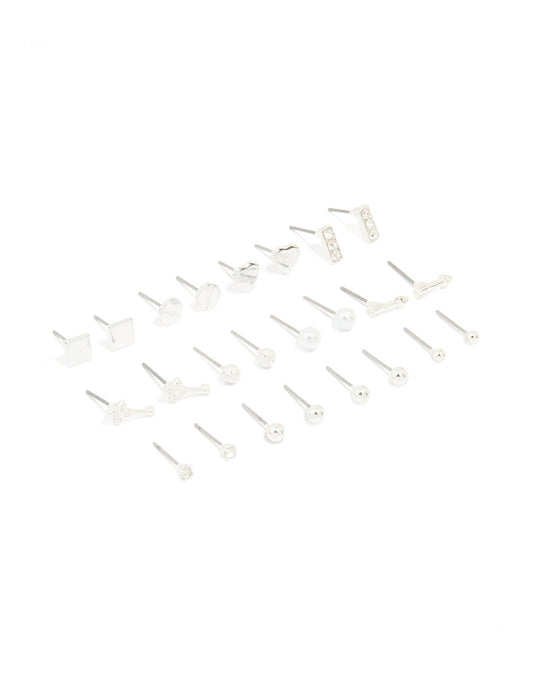Silver Mixed Shape Stud Earrings 12-Pack