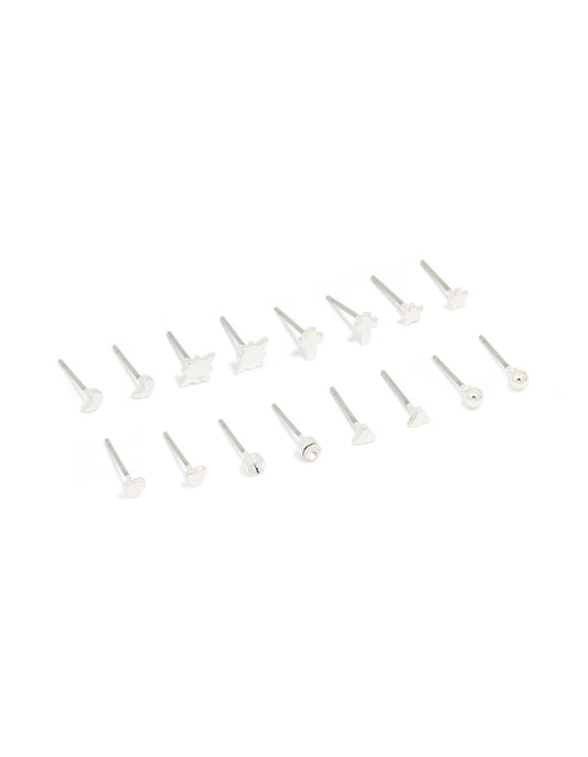 Silver Cross & Star Stud Earrings 8-Pack
