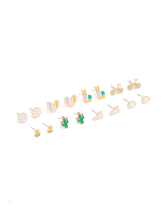 Gold Flower & Bike Stud Earrings 8-Pack