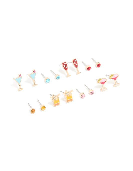 Gold Drinks & Diamante Stud Earrings 8-Pack