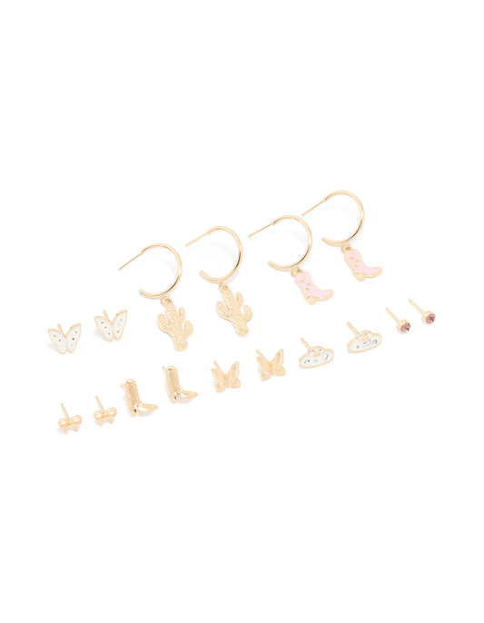Gold Cowgirl & UFO Earrings 8-Pack