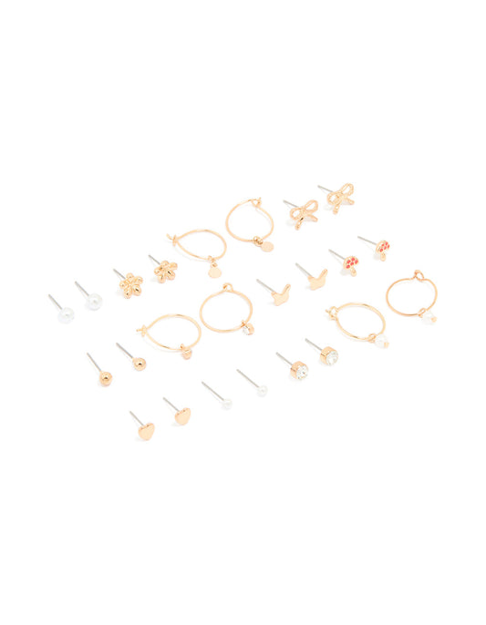 Gold Mushroom & Bow Stud Earrings 12-Pack