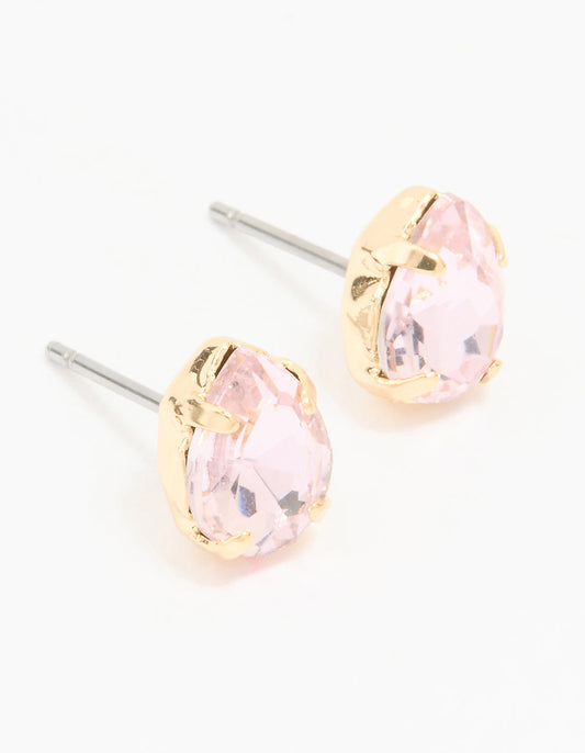 Gold Pink Diamante Pear Stud Earrings