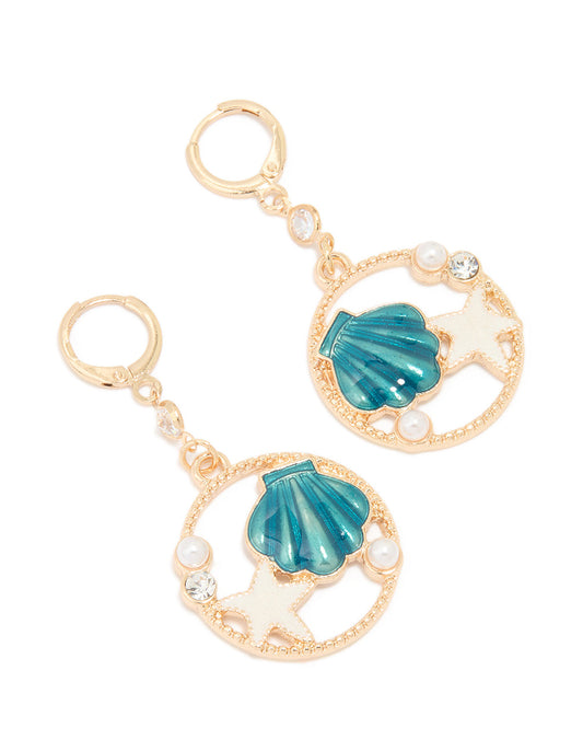 Gold Round Star & Shell Earrings