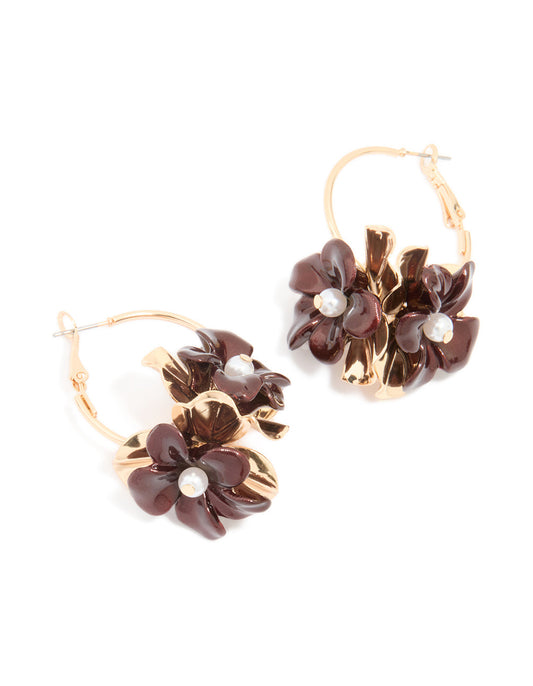 Burgundy Beaded Flower Round Drop Earrings