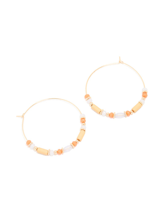 Gold Orange Beaded Hoop Earrings