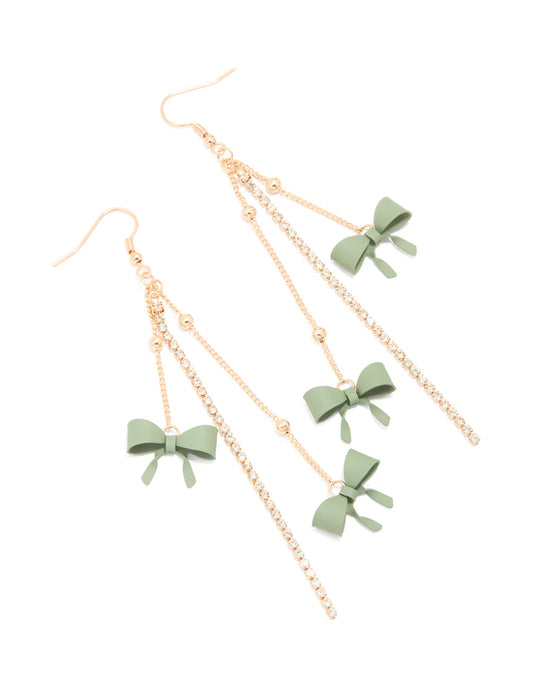 Gold Green Bow Drop Chain Earrings