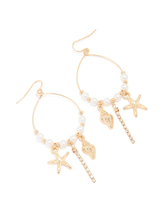 Gold Beaded Pearl Sea Drop Earrings