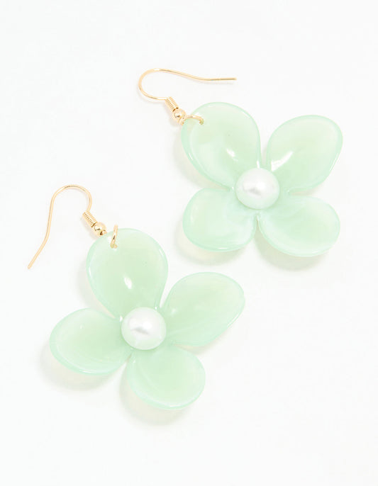 Gold Green Acrylic Pearl Center Flower Drop Earrings