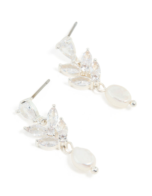 Silver Plated Cubic Zirconia Vine & Freshwater Pearl Drop Earrings