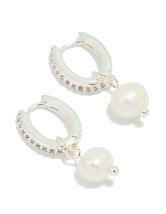 Silver Plated Pearl Cubic Zirconia Pave Drop Hoop Earrings