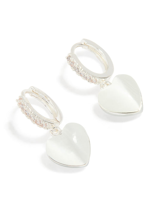 Silver Plated Cubic Zirconia Heart Drop Hoop Earrings