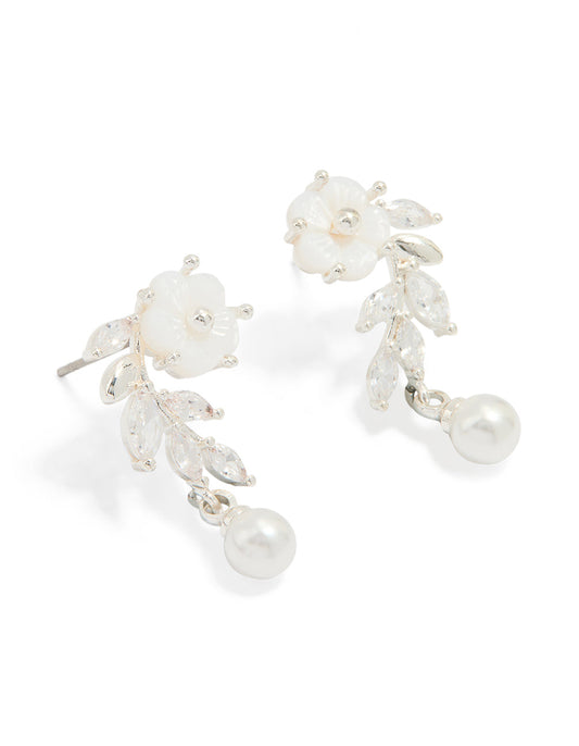 Silver Plated Pearl & Flower Drop Earrings